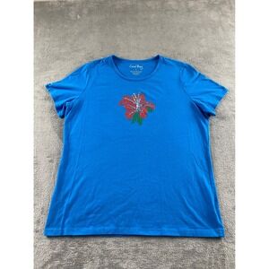 Coral Bay Womens Blue Hibiscus Beaded Sequin Tropical Graphic T-Shirt Size L